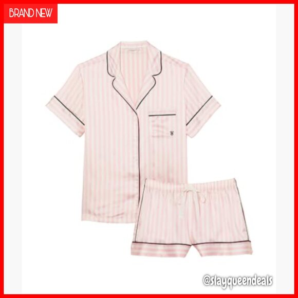 Satin Pajama Set with Button-Down Top and Shorts, Size Medium - Picture 3 of 6